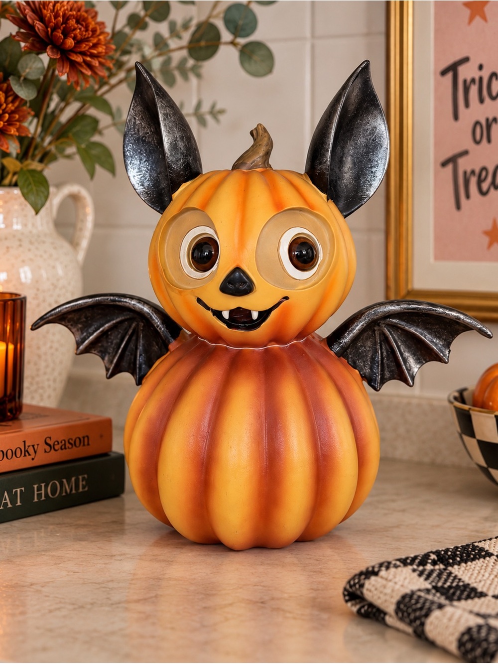 Large Whimsical Halloween Pumpkin Bat Figurine 11” Spooky Cute Decor USA TJMAXX